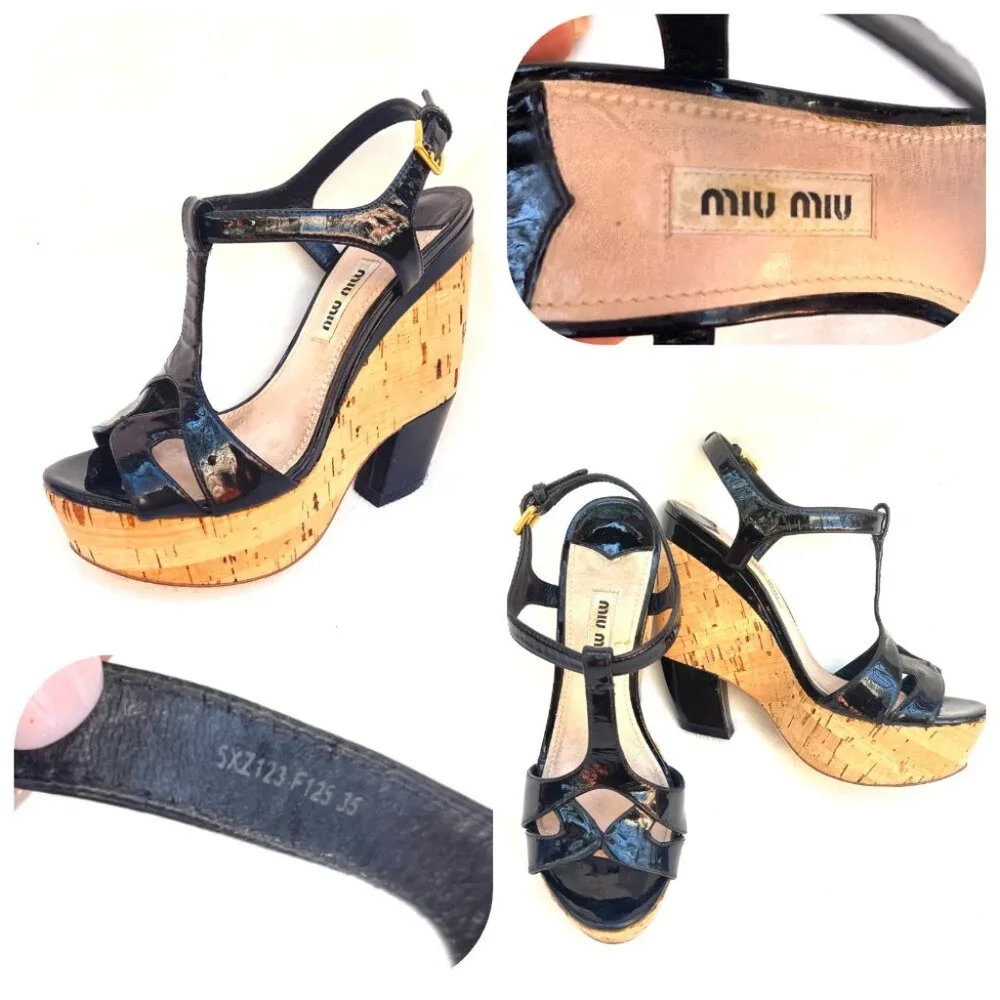 Miu Miu Patent leather T-Strap Cork Black Wedges